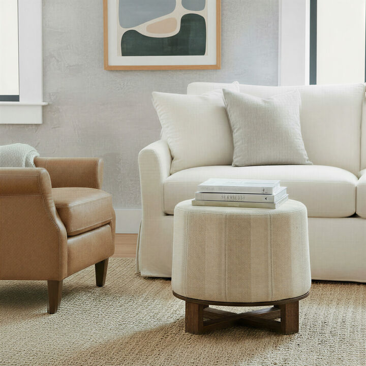 Cotton Woven Round Ottoman Stool in Striped Upholstery with Dark Wood Base