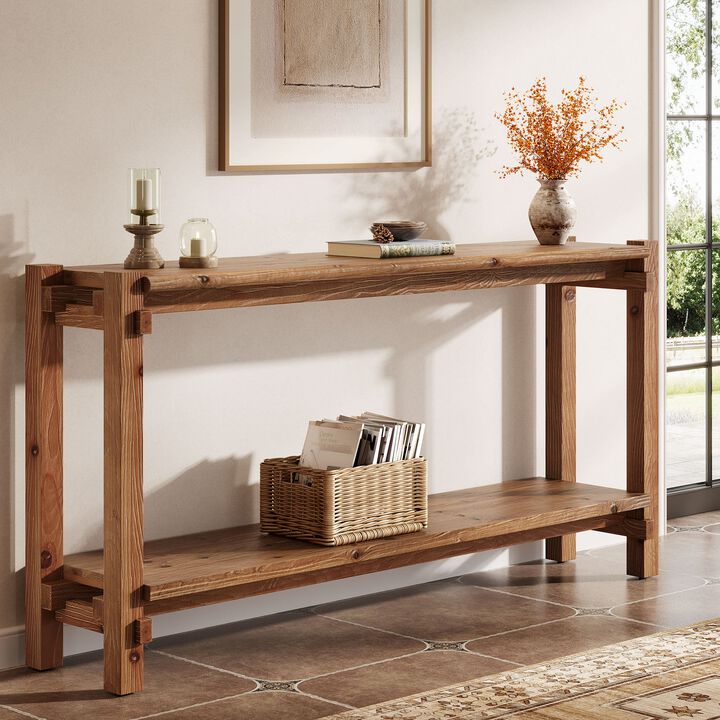 2-Tier Farmhouse Solid Wood Console Table with Storage &ndash; Brown Entryway Table