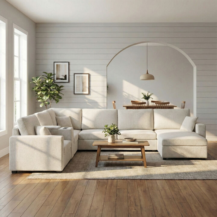 Merax Customizable 5-Seater Modular Sectional Sofa - Chenille Upholstery with Storage & Cup Holders