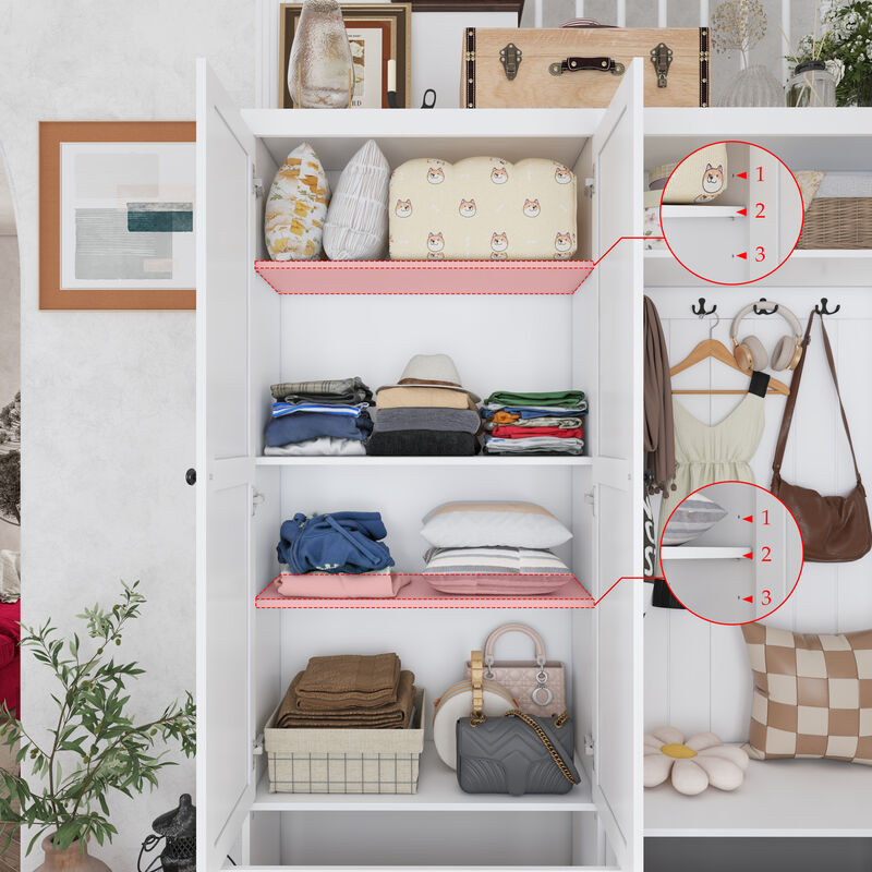 FUFU&GAGA White Hybrid Storage Wardrobe with Concealed Cabinet & Open Hanging, Dual Doors, Drawers, Shelf & Hooks (55.3" W x 17.7" D x 70.9" H)