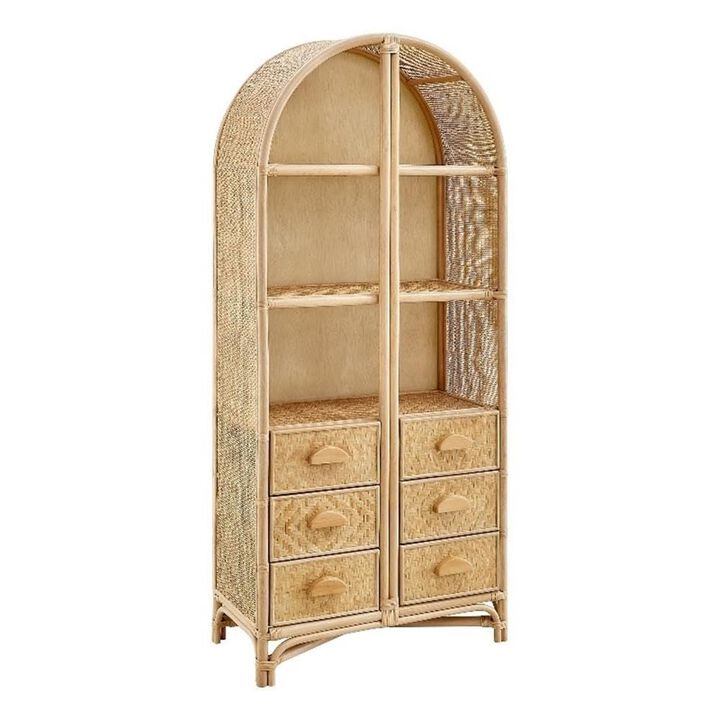 Modway Tall Arched 71 Inch Wood and Natural Rattan Bookcase with Storage in Natural Black &ndash; Tall Bookshelf Cabinet with 6 Drawers and 3 Open Shelves, for Living Room or Bathroom