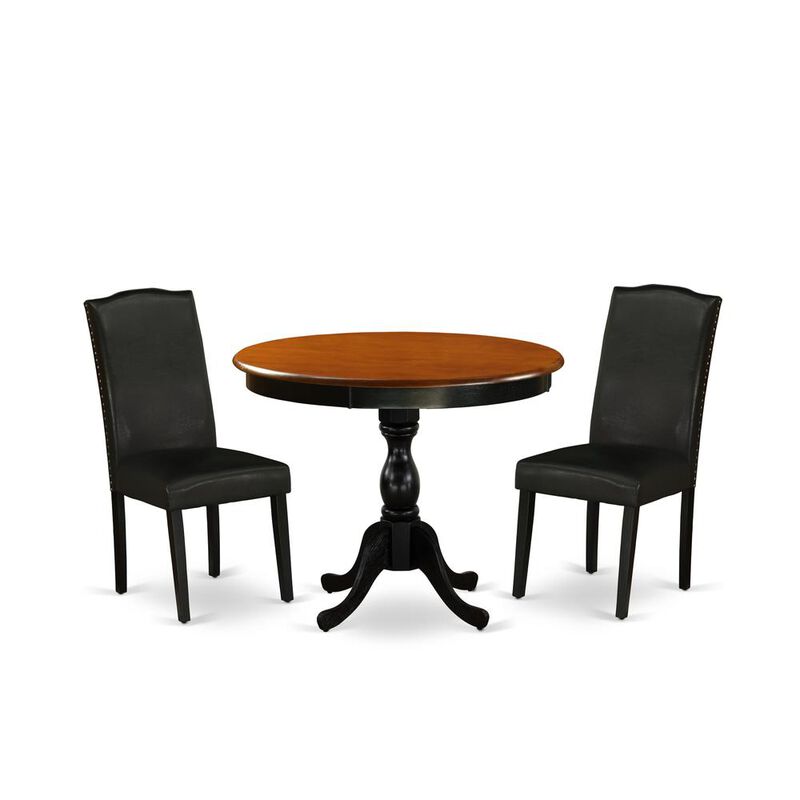 East West Furniture 3-Piece Dinner Table Set Includes a Kitchen Dining Table and 2 Black PU Leather Padded Chairs with High Back - Black Finish