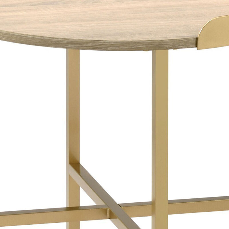 Kai 22 Inch Wood End Table, Round Tray Top, Metal Accent, Brown, Brass