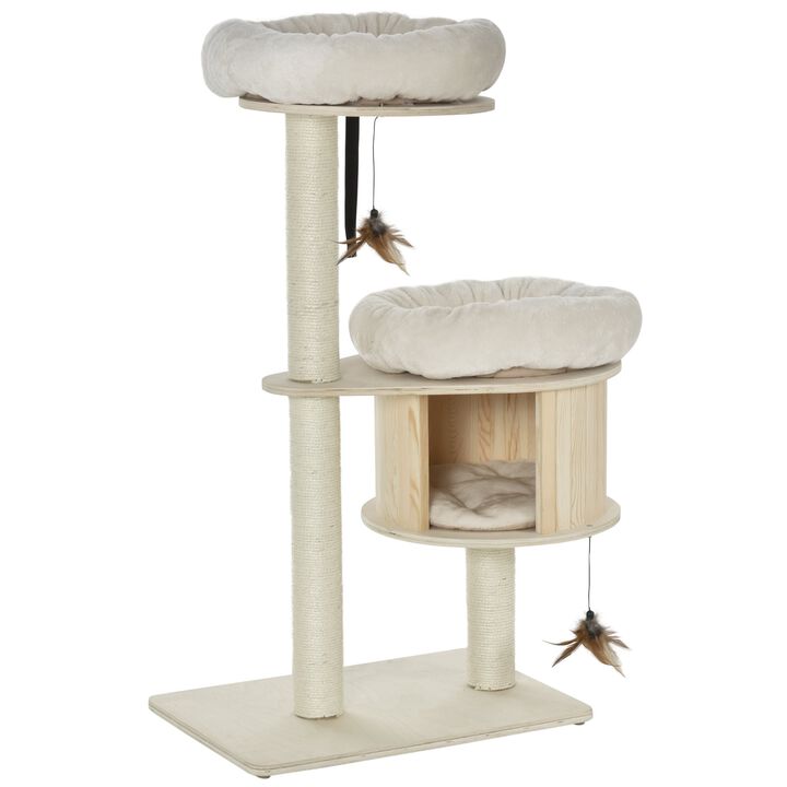 3-Level Cat Tree with Scratching Posts Cat Tower with Funny Cat Badminton Soft Cushion Multi-Platforms Natural