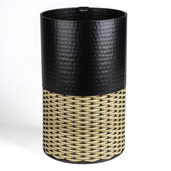 Asher Modern 4.13-Gallon 2-Tone Faux Wicker/Metal Cylinder Waste Basket, Black/Natural