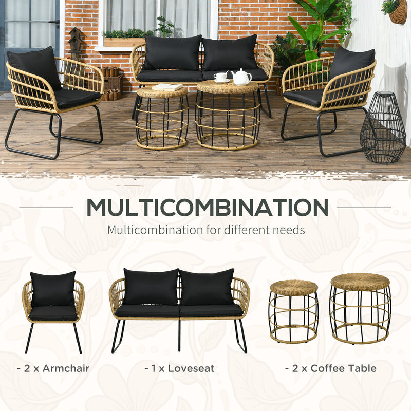 Outsunny 5 Piece PE Rattan Outdoor Furniture Set with Cushioned Chairs & Loveseat Sofa, Patio Sectional Furniture Set, Conversation Sofa Set with Stackable Coffee Tables, Black