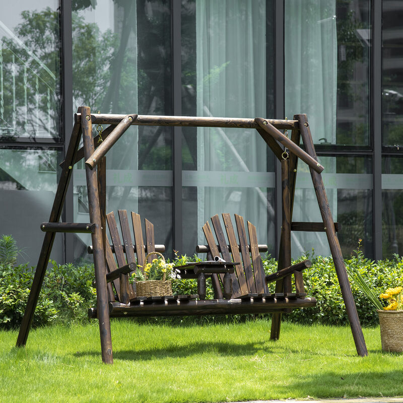 Outsunny Wooden Porch Swing with Stand, 2-Seat Patio Swing Chair with Center Table, for Garden, Poolside, Backyard