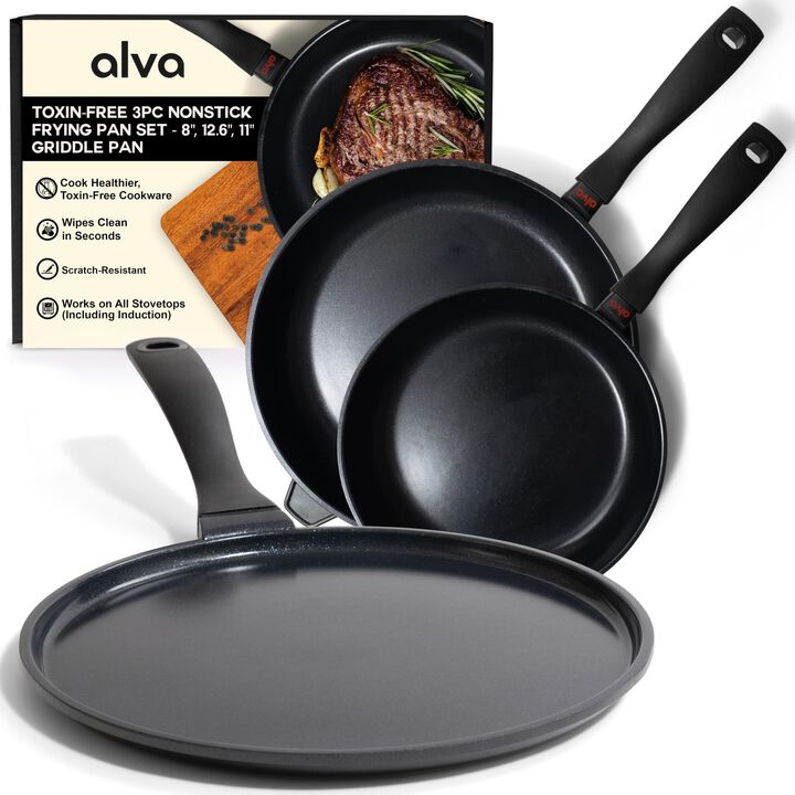 Alva Energy Nonstick Ceramic Frying Pan 3-Piece Set - Lightweight, Easy to Clean and Made without PFAS, PFOA & PTFE - Induction and All Stovetop Compatible with Even Heat Distribution