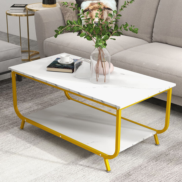 2-Tier Faux Marble Top Rectangular Coffee Table with Metal Frame-White