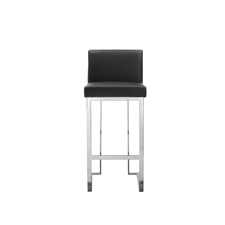 Boly 30 Inch Barstool Chair, Black Faux Leather, Cushions, Chrome Steel - Benzara
