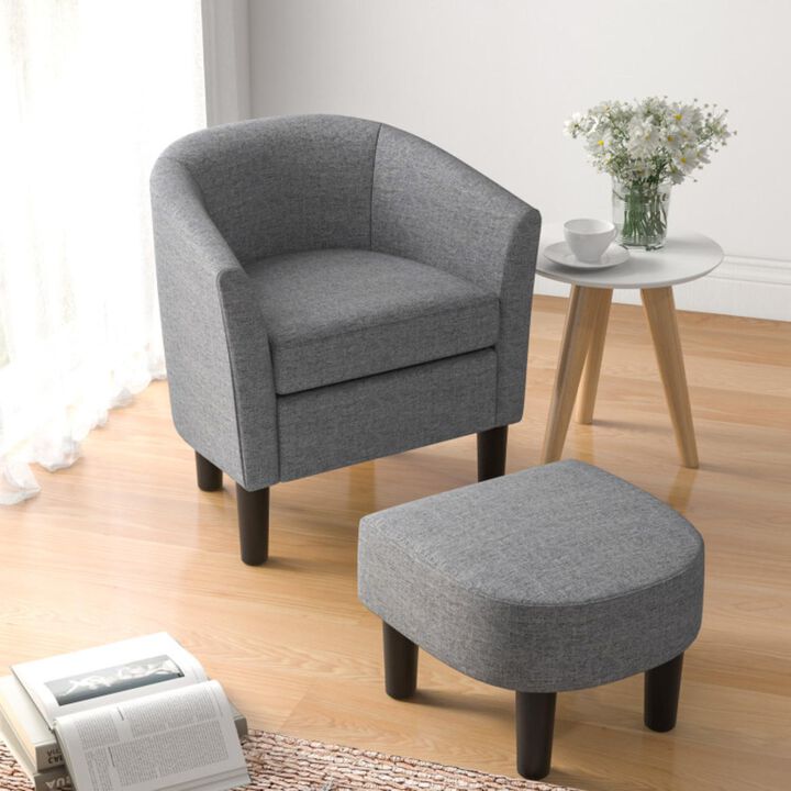 Hivvago Barrel Club Chair with Ottoman Set Linen Fabric Accent Chair with Footrest