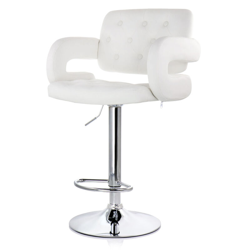 Elama Faux Leather Tufted Bar Stool in White with Chrome Base and Adjustable Height