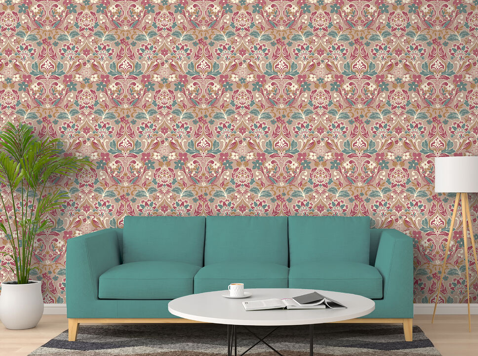 Birdy Pink Nuthatch Floral Wallpaper