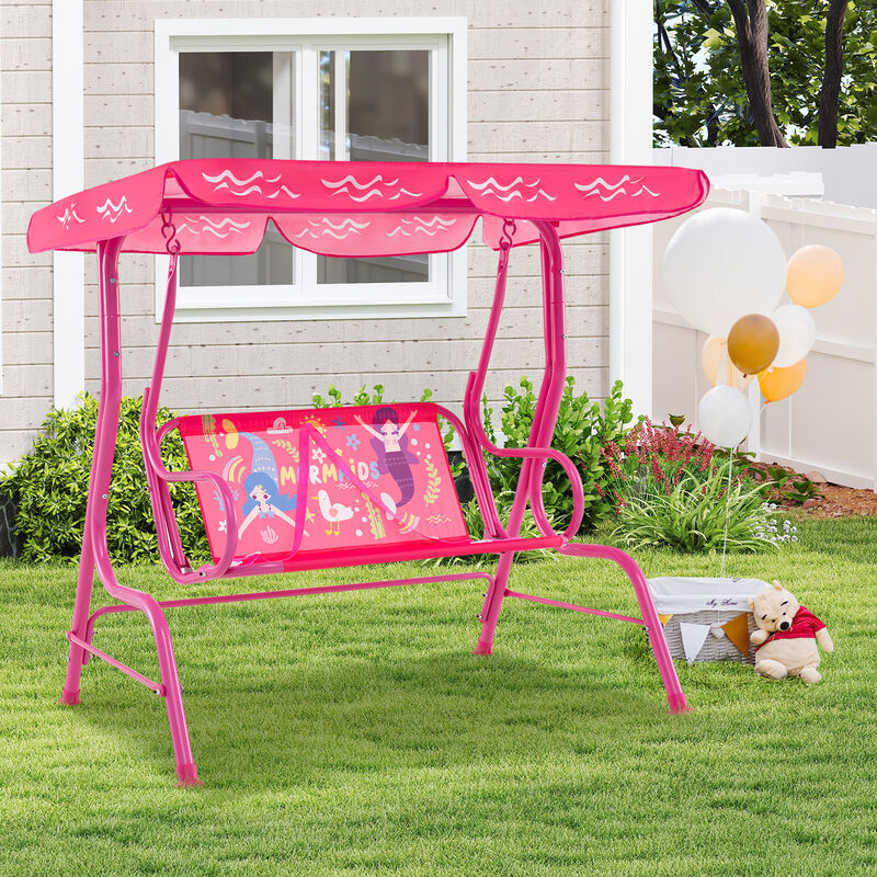 Metal Frame Kids Patio Swing with Dual Seat and Adjustable Canopy Top