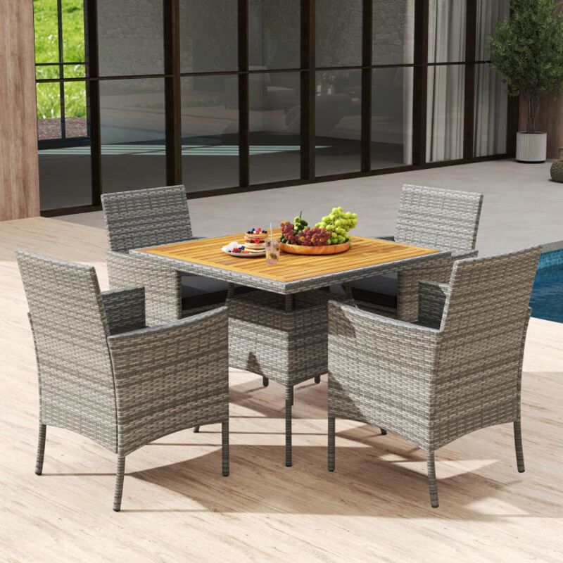 Hivvago 5 Pieces PE Wicker Patio Dining Set Outdoor Acacia Wood Table and Chairs