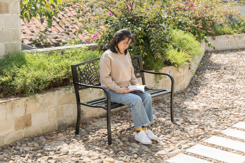 Steel Outdoor Patio Garden Park Seating Bench with Cast Iron Patriotic American Flag and Eagle Backrest, Front Porch Yard Bench Lawn Decor