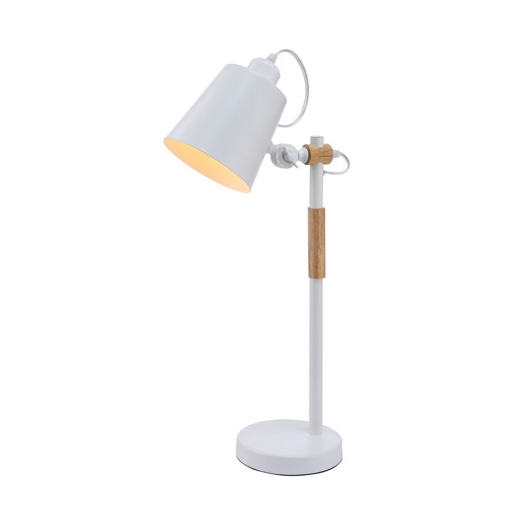 23 Inch Table Lamp, Brown Wood Trim, Dome Metal Shade White, Round Base-Benzara