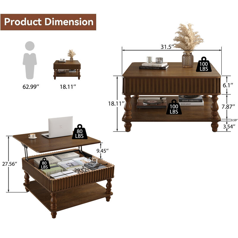Merax Square Fluted Lift-Top Coffee Table - Hydraulic Height Adjustment with Hidden & Open Storage
