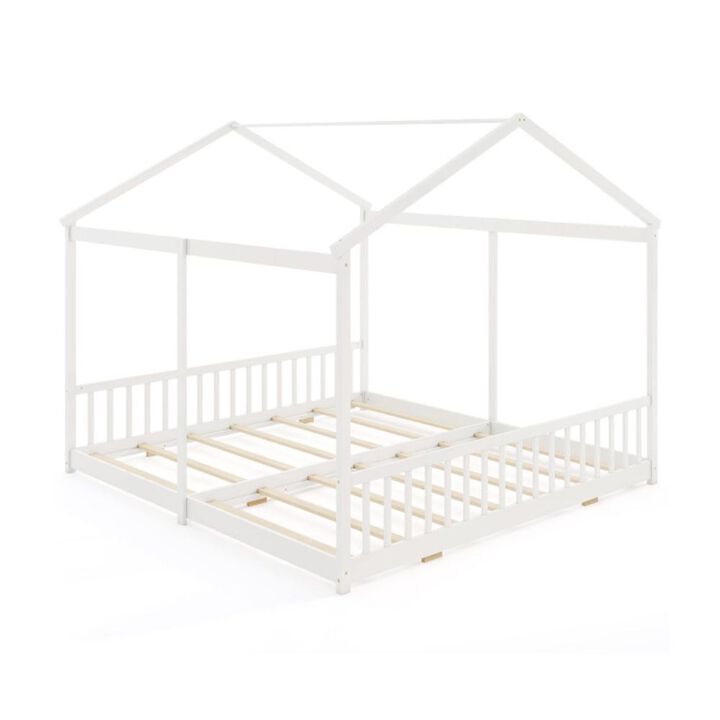 Hivvago Double Floor Bed for Twins House Beds with Safety Guardrails for 2 Kids