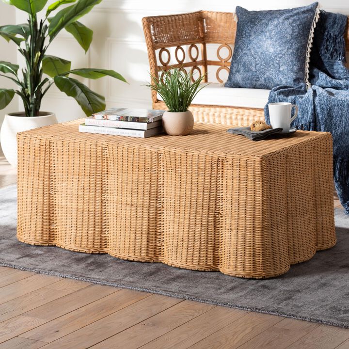 bali & pari Palm Scalloped Rattan Coffee Table - Handwoven Wicker Rectangle Accent Table for Living Room, Patio or Sunroom, Coastal Boho Style, Light Honey
