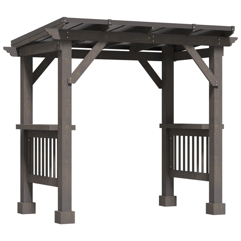 Outsunny 8' x 5' BBQ Grill Gazebo with 2 Side Shelves, Outdoor Hardtop Barbecue Barrier with Slanted Steel roof, Solid Wood Frame