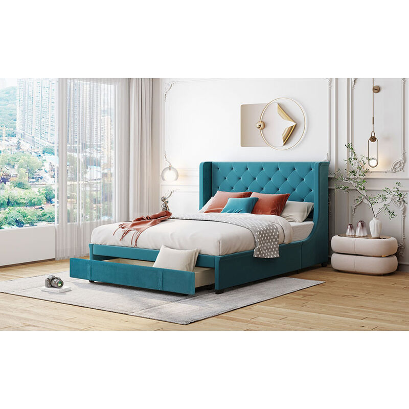 Queen Size Storage Bed Velvet Upholstered Platform Bed with Wingback Headboard and a Big Drawer (Gray)