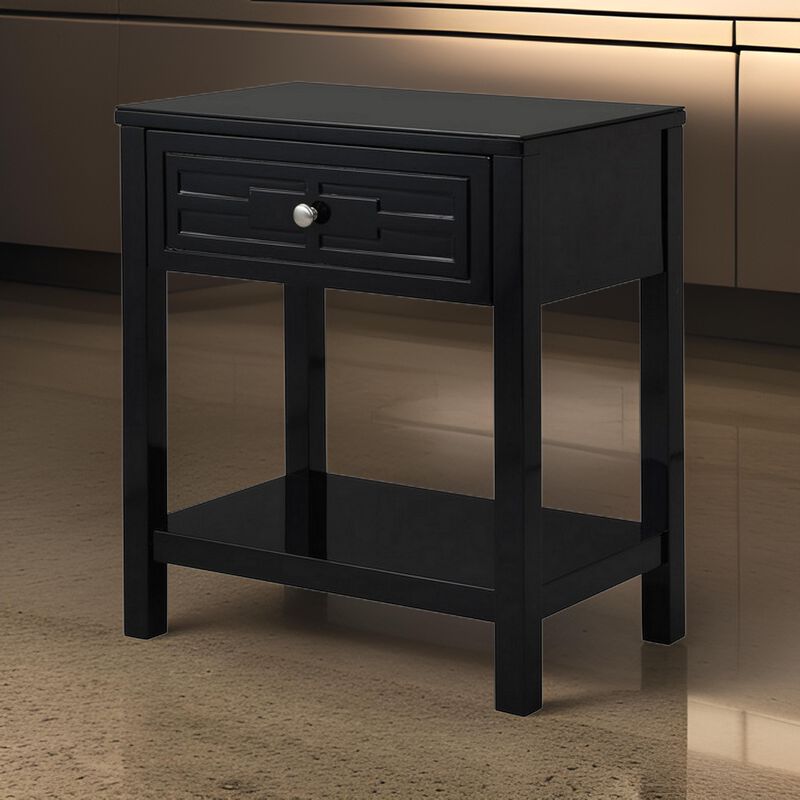 Fimo 27 Inch Nightstand with Drawer and Shelf, Glass Top, Modern Black Wood - Benzara