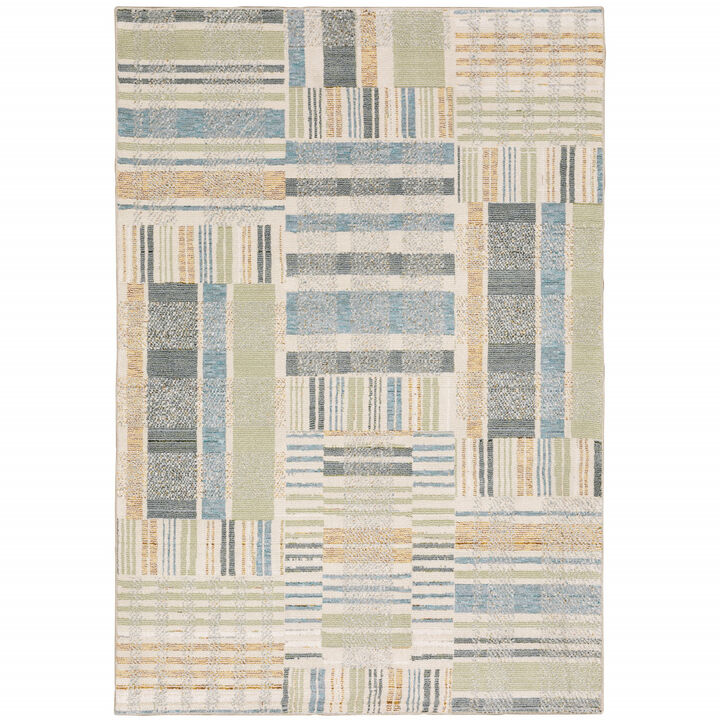 3 X 5 green grey And Ivory geometric Power Loom Stain Resistant Area Rug