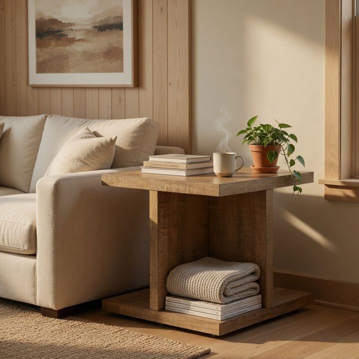 Chet Square End Table with Open Cube Base, Mango Finish Wood 24 Inch