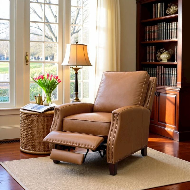 Brown Leather Recliner Chair with Hardwood Frame and Footrest image number 1