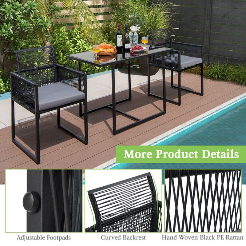 Mondawe 3Pcs Outdoor PE Rattan Dining Set,W/Glass Top Table&Cushioned Folding Chairs,Patio Furniture
