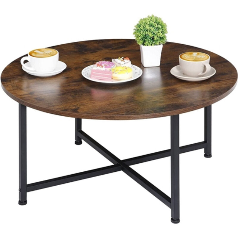 Chic Industrial Round Coffee Table with Wood Top and Metal Frame