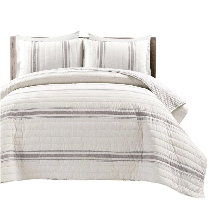 Hivvago Grey Off-White Stripe Reversible Cotton Quilt Set