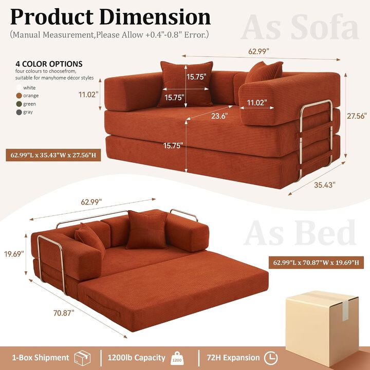 Vipbear 5-in-1 Convertible Sleeper Sofa Bed, Corduroy Boneless Couch with Fixed Frame, Living Room