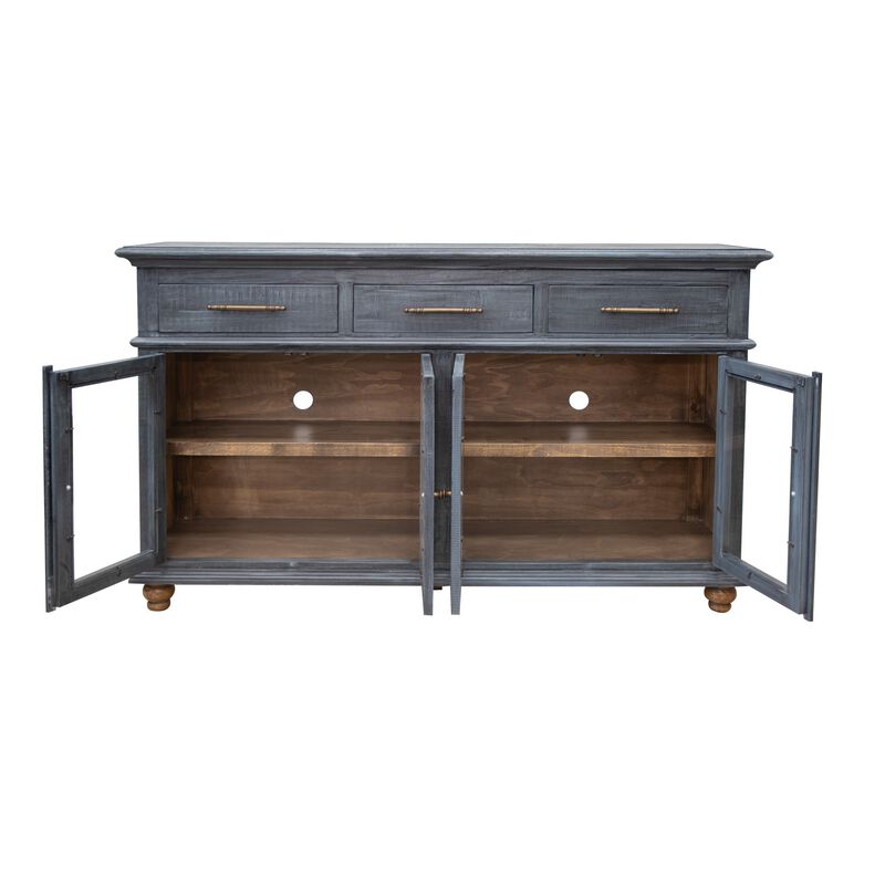 71 Inch Sideboard Console Table, 3 Drawers, 4 Glass Doors, Pine Wood, Blue image number 2