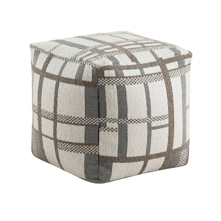 Modern Pouf Ottoman, Beige Gray Chunky Plaid Jacquard, 16 Inch Square