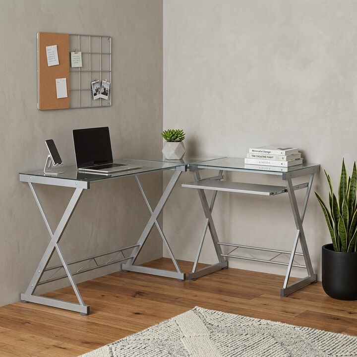 HomeRoots 62" Clear Glass and Steel L Shape Computer Desk