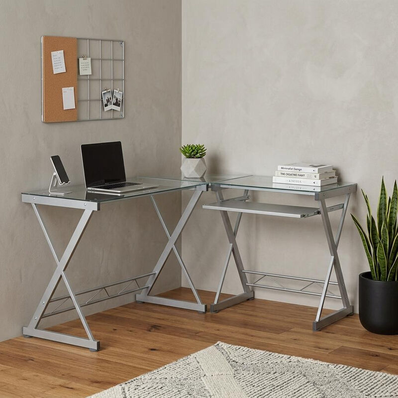 HomeRoots 62" Clear Glass and Steel L Shape Computer Desk image number 1