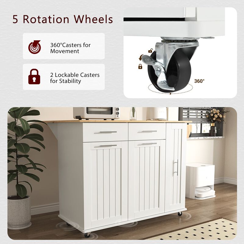 Whisen Kitchen Island with 3 Tier Pull Out Cabinet and 2 Drawers - White