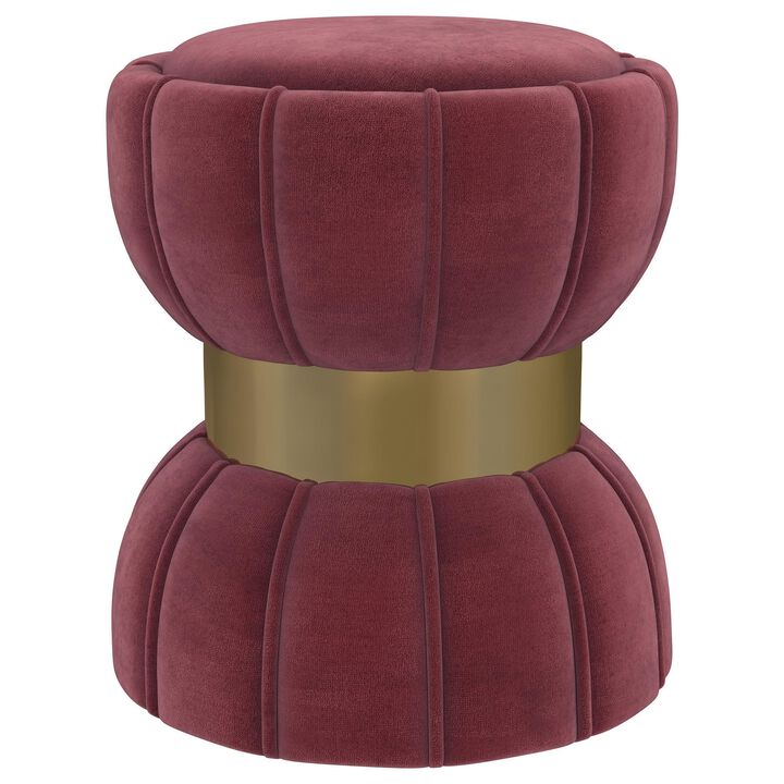 Soraya Ottoman, Tufted Red Wine Fabric, Round 17 Inch, Gold Metal Band - Benzara