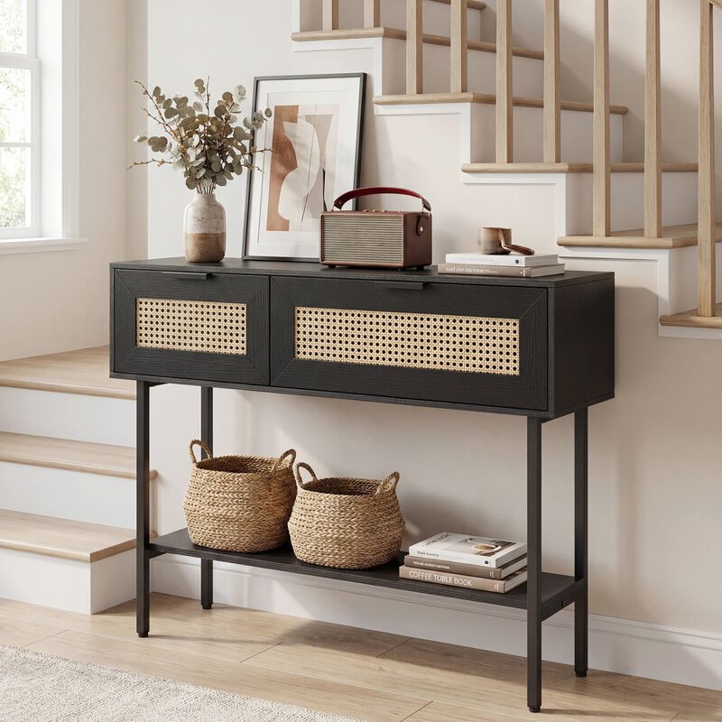 Rattan Entryway Console Table with Storage Cabinets Shelf and Metal Frame image number 1