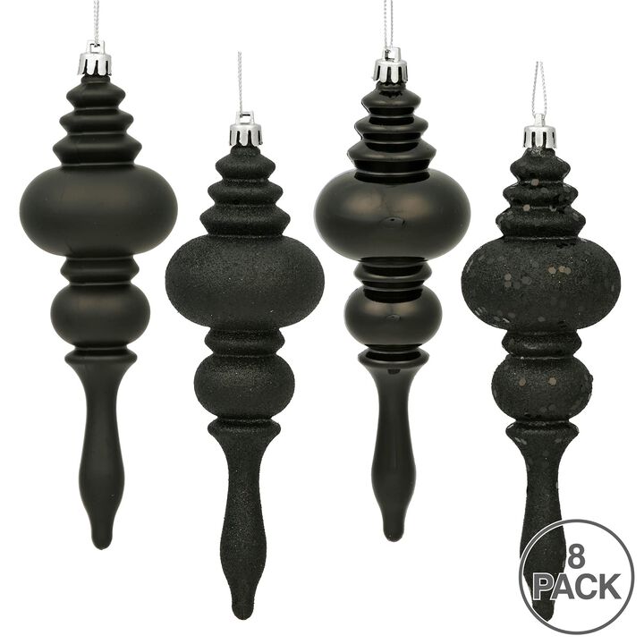 Vickerman 7" 4-Finish Finial Ornament, Shatterproof Plastic Christmas Tree Decoration, 8 Pack, Black Shiny, Matte, Glitter and Sequin Finishes