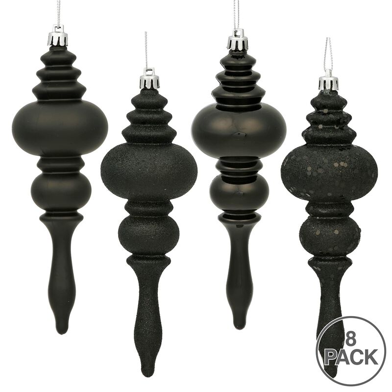 Vickerman 7" 4-Finish Finial Ornament, Shatterproof Plastic Christmas Tree Decoration, 8 Pack, Black Shiny, Matte, Glitter and Sequin Finishes image number 1