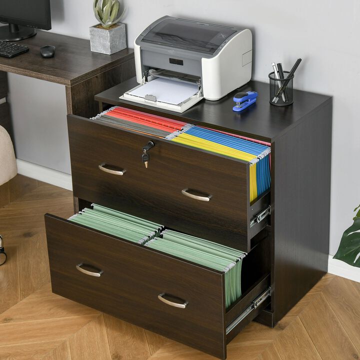 Walnut 2-Drawer Vertical File Cabinet with Lock and Keys provides secure storage solution for A4-sized documents in home offices.