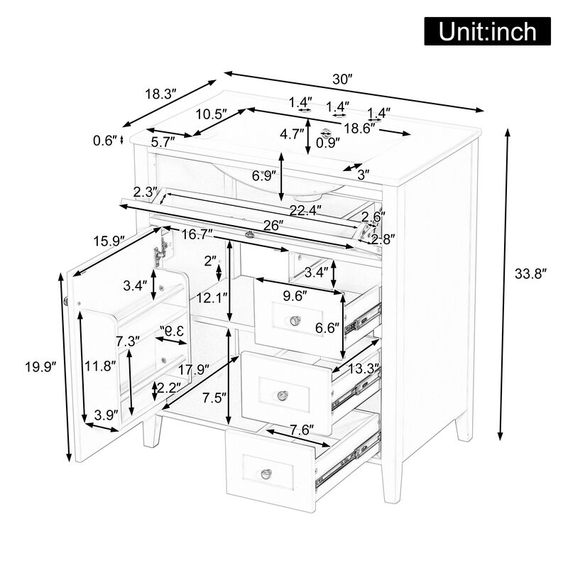 Merax Bathroom Storage Vanity with Left Adjustable Shelving Cabinet & 3 Right Smooth-Glide Drawers image number 4