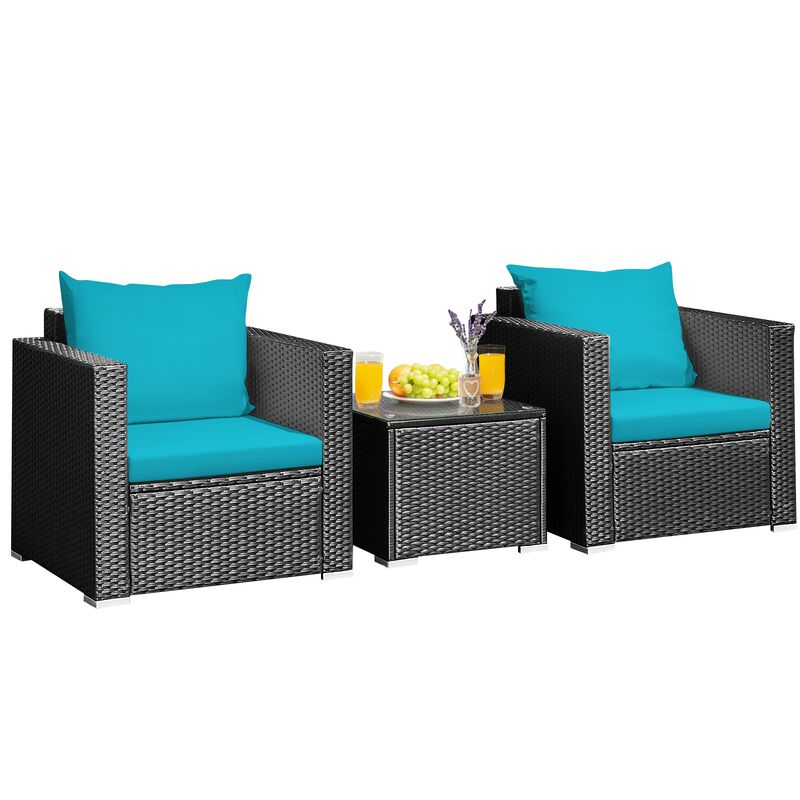 3 Pieces Patio Wicker Conversation Set with Cushion