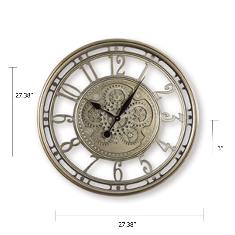 27 Inch Round Wall Clock, Moving Gears, Standard Numbers, Champagne Gold image number 5