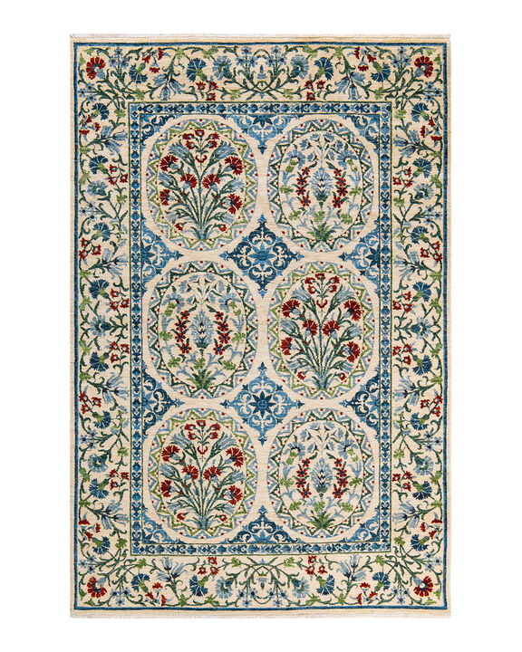 Suzani, One-of-a-Kind Hand-Knotted Area Rug  - Ivory, 6' 2" x 9' 4"