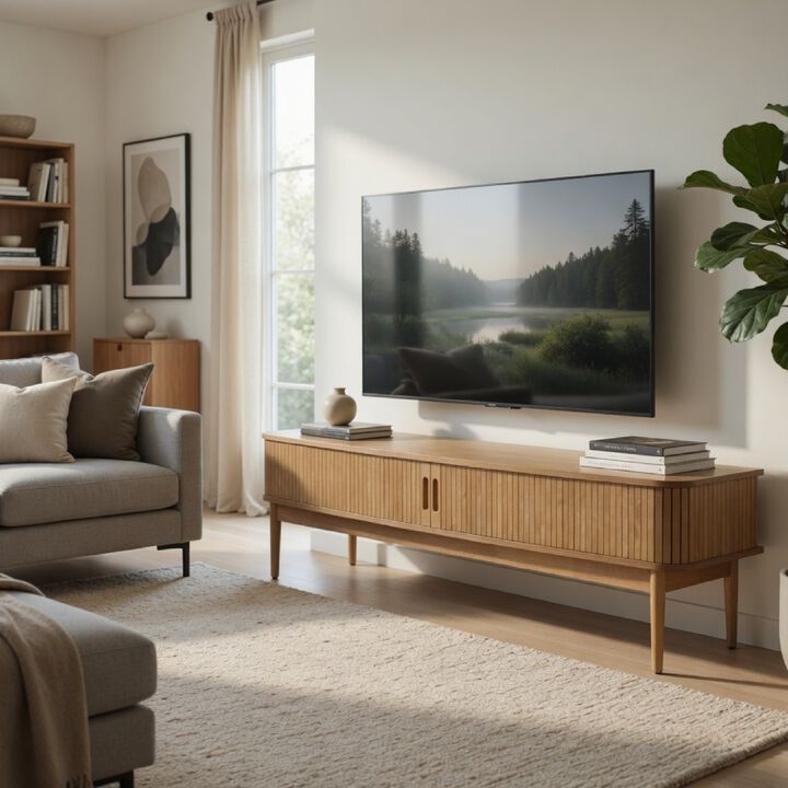 Elora TV Stand Media Console with Reeded Doors, Brown Wood 71 Inch