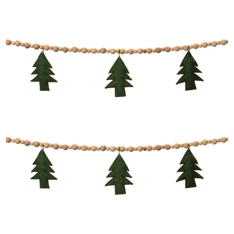 Set of 2 Wood Bead & Wool Felt Tree Garlands &ndash; Minimalist Holiday Garland for Fireplace, Nursery, or Entryway